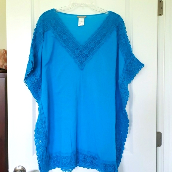 NWOT La Blanca V-neck Caftan Cover up Size L Deep Turquoise 100% Cotton … - Picture 1 of 11